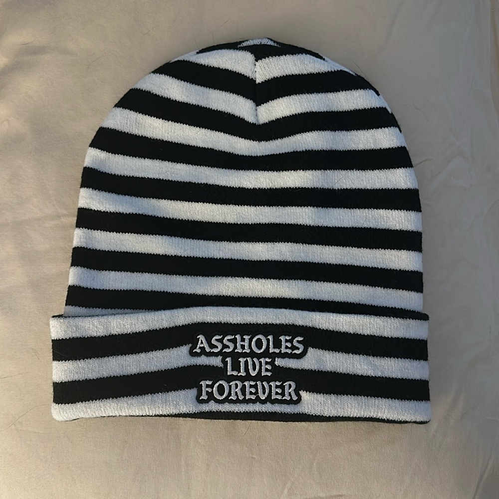 Assholes Live Forever striped beanie